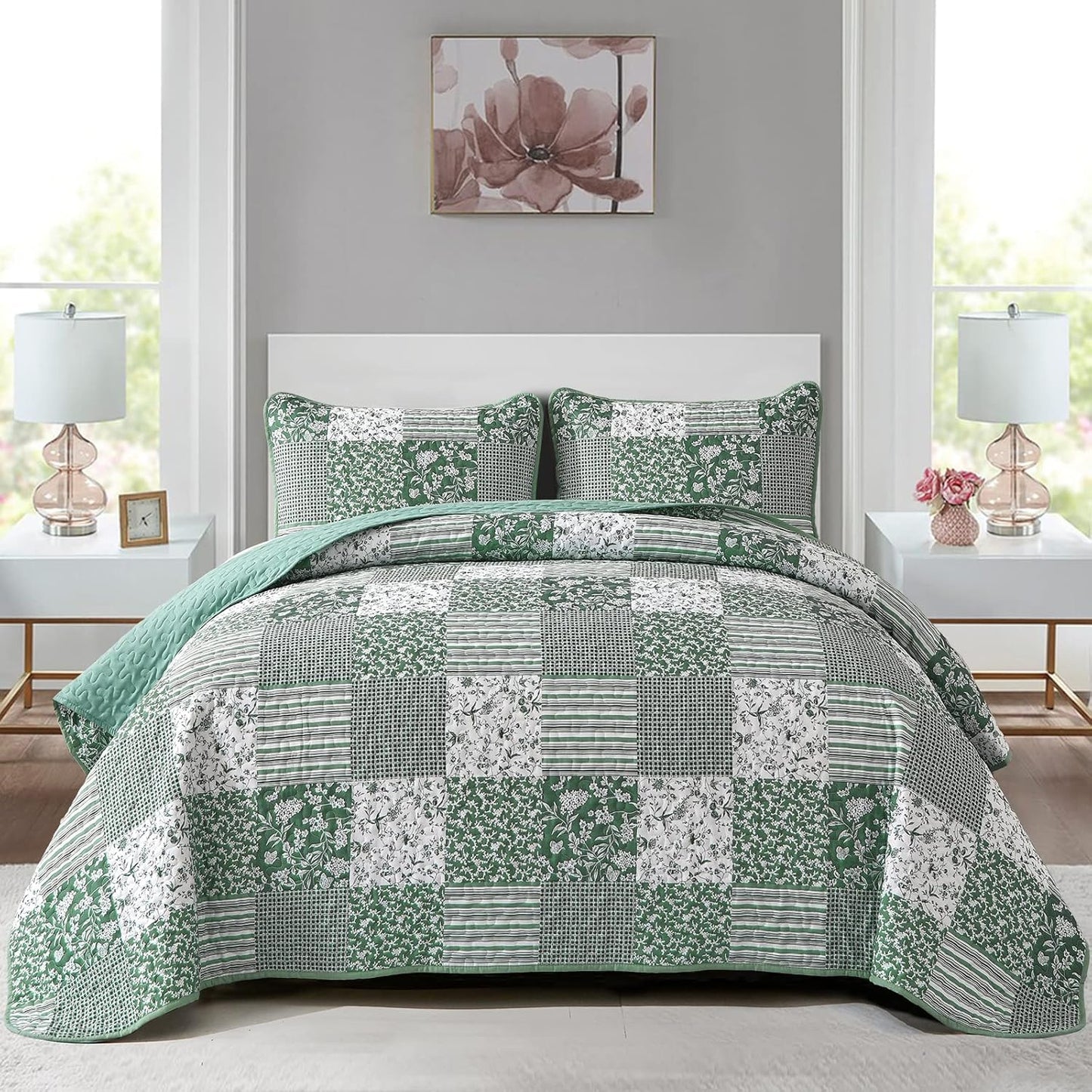 Sage Green Boho King Quilt Set - Reversible Floral Bedding