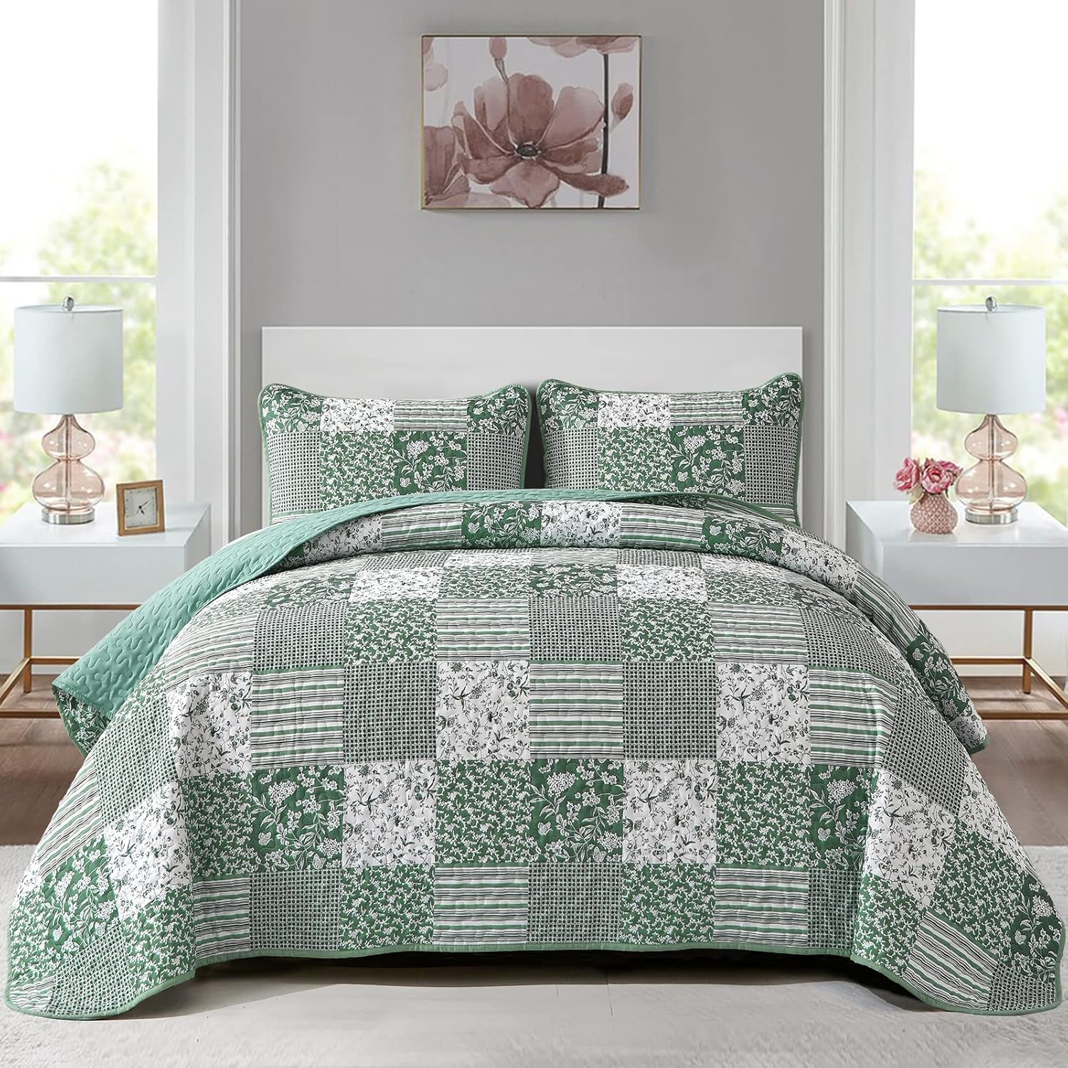 Sage Green Boho King Quilt Set - Reversible Floral Bedding