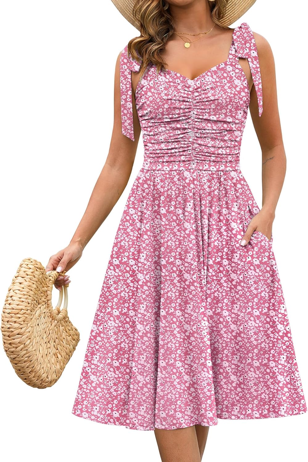 Kranda Women Summer Fall Ruched Midi Dress with Pockets