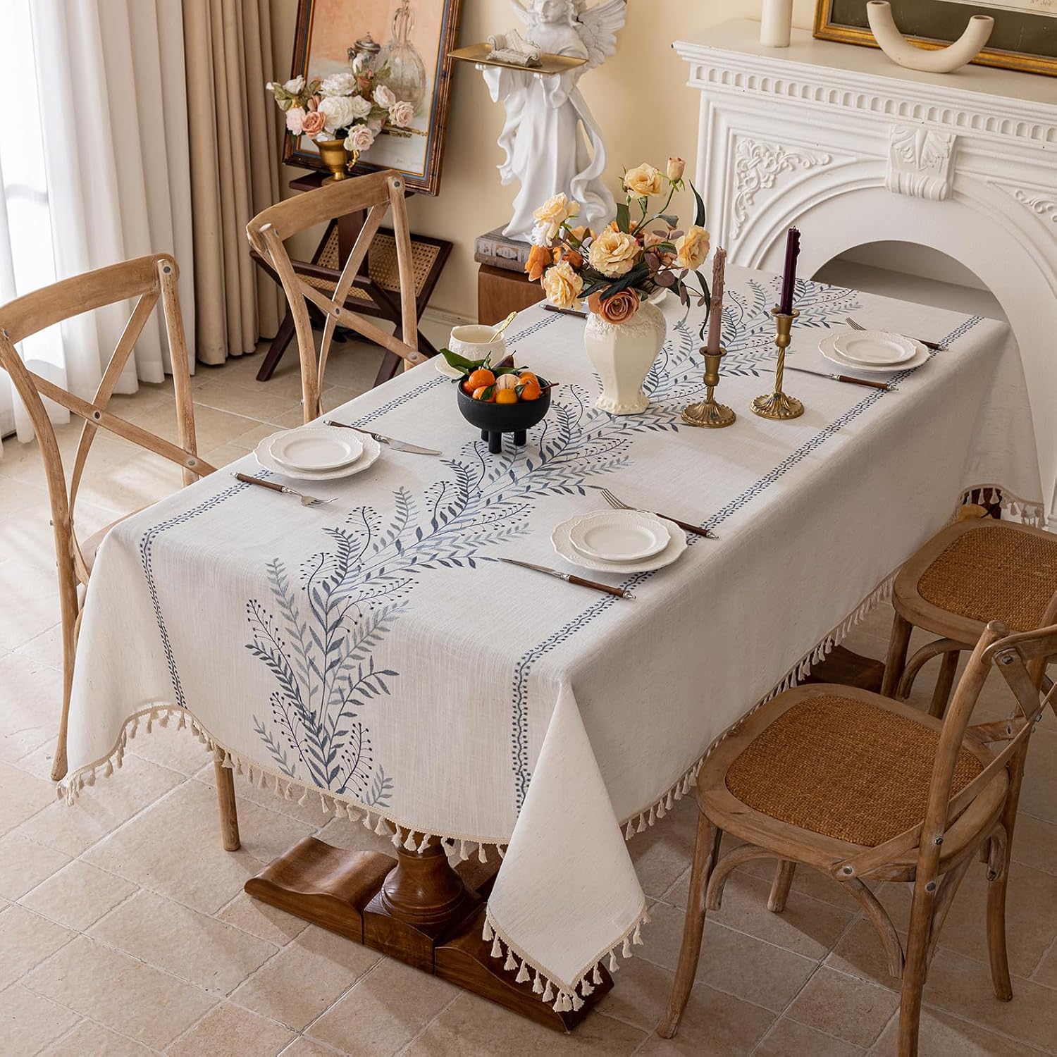 Rustic Waterproof Linen Tablecloth with Fern Embroidery Design
