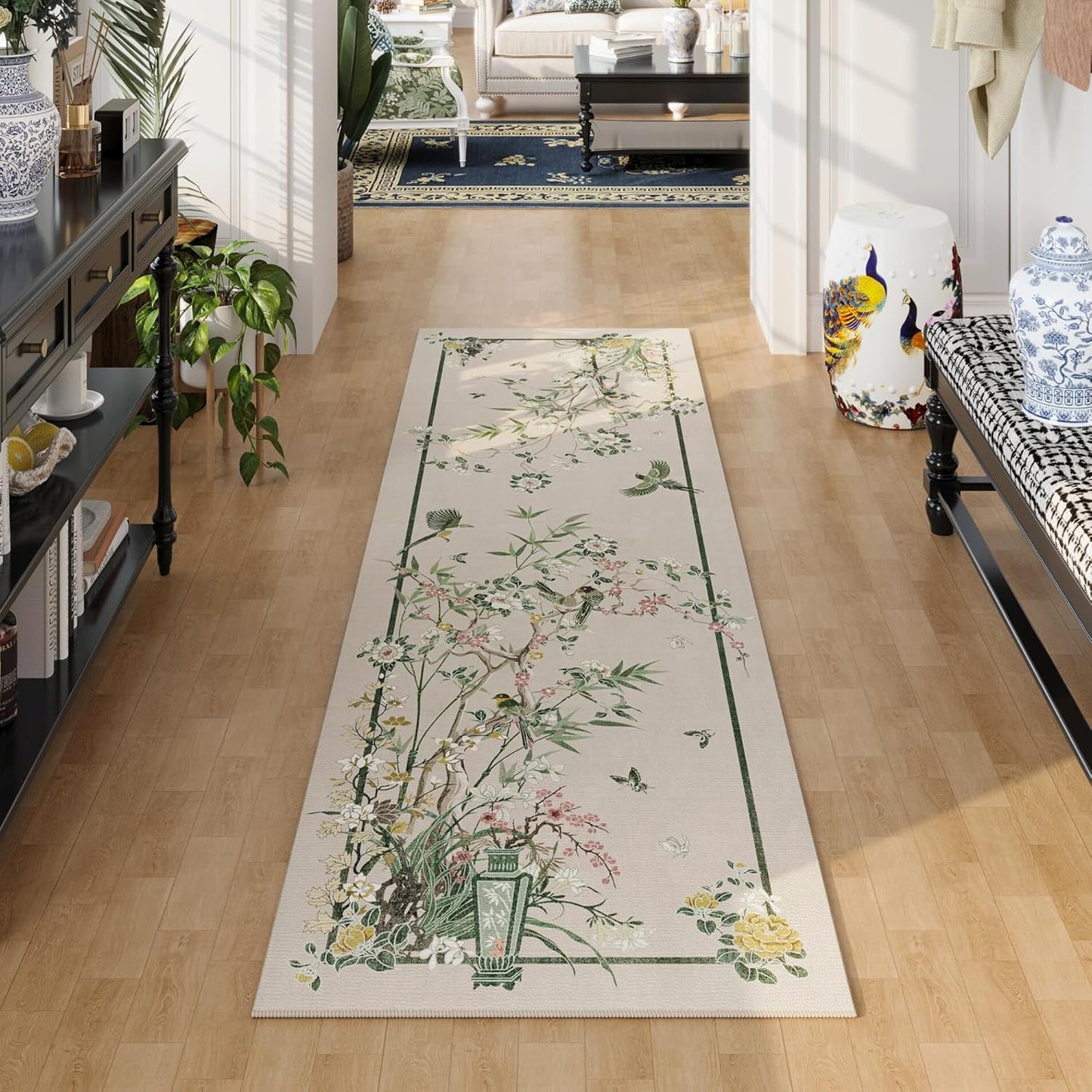 Chinoiserie-Style Floral Runner Rug 2x6 for Vintage Decor
