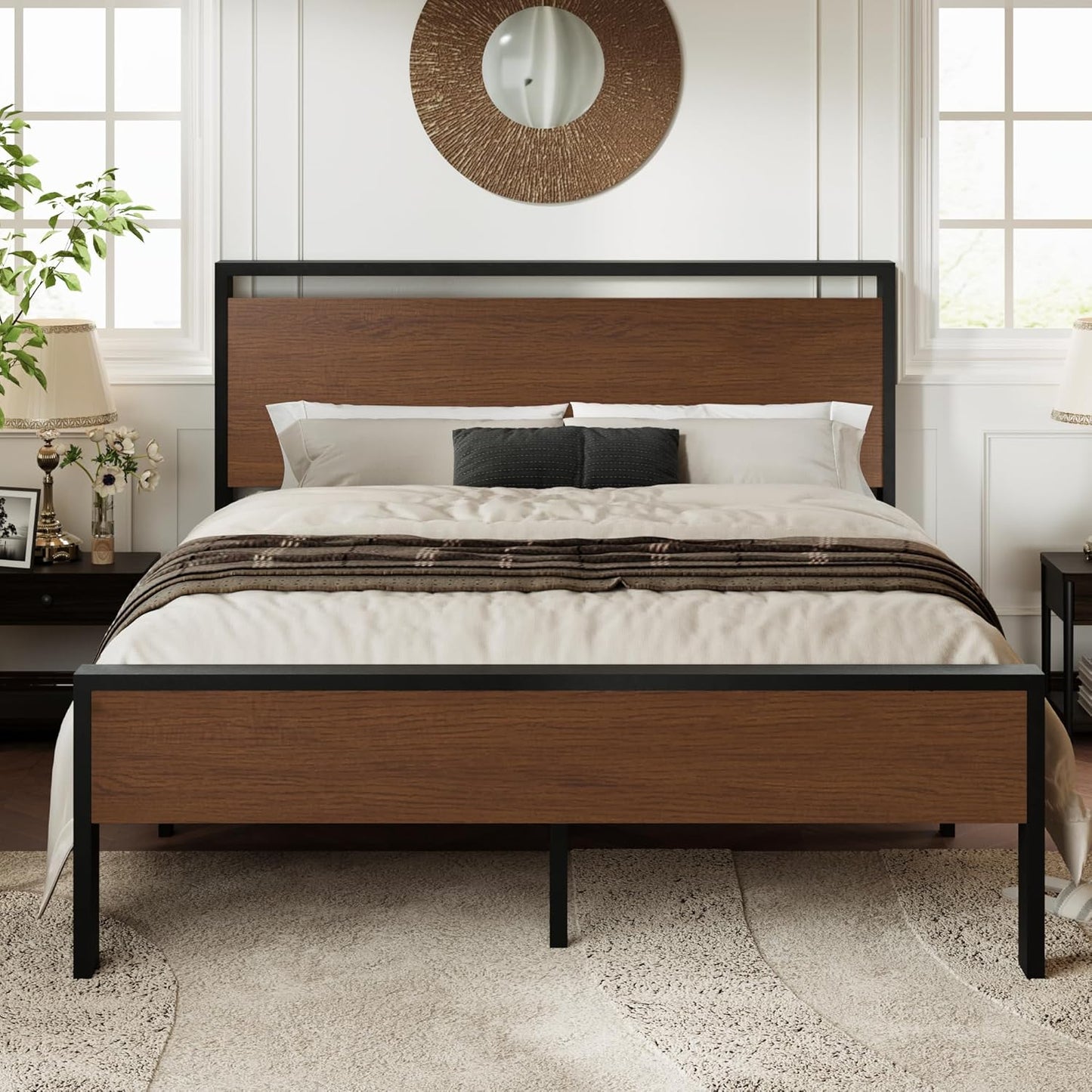 Allewie Queen Size Platform Bed Frame with Wooden Headboard