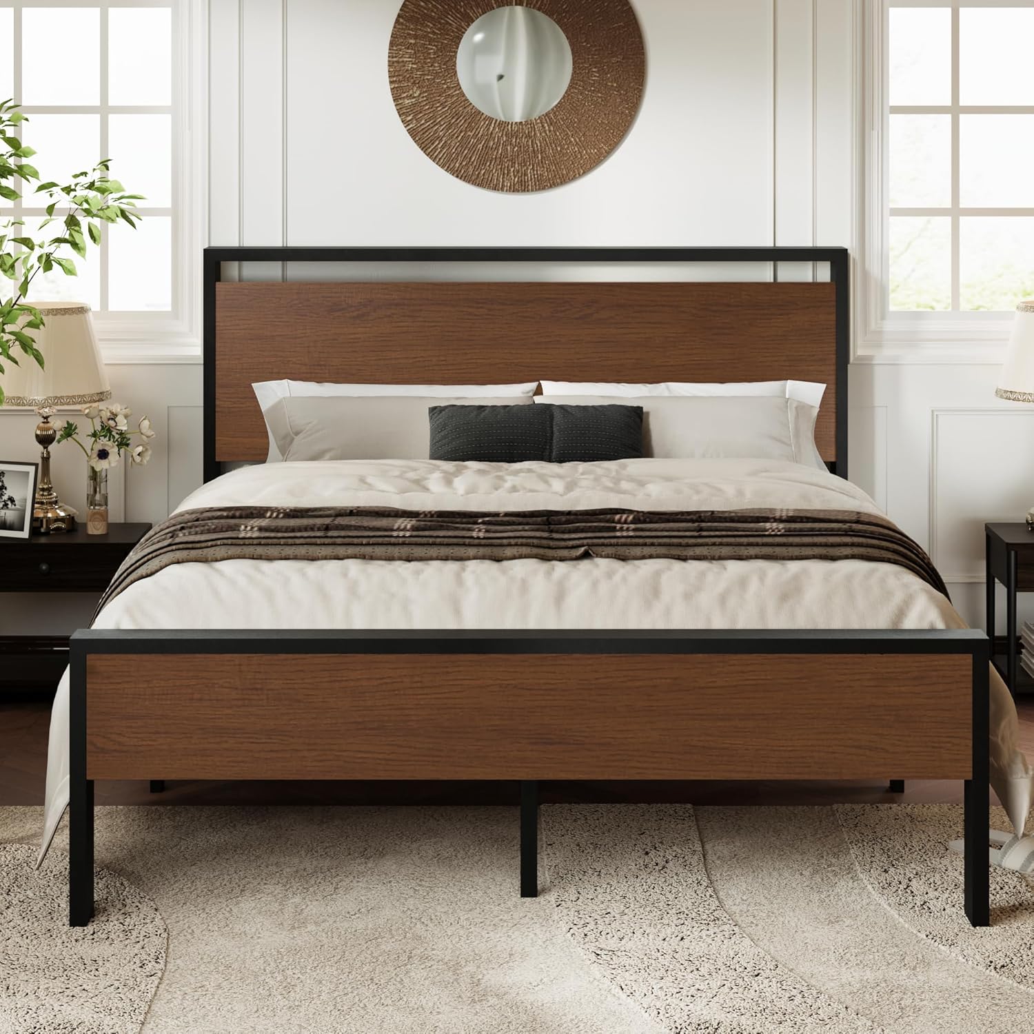 Allewie Queen Size Platform Bed Frame with Wooden Headboard