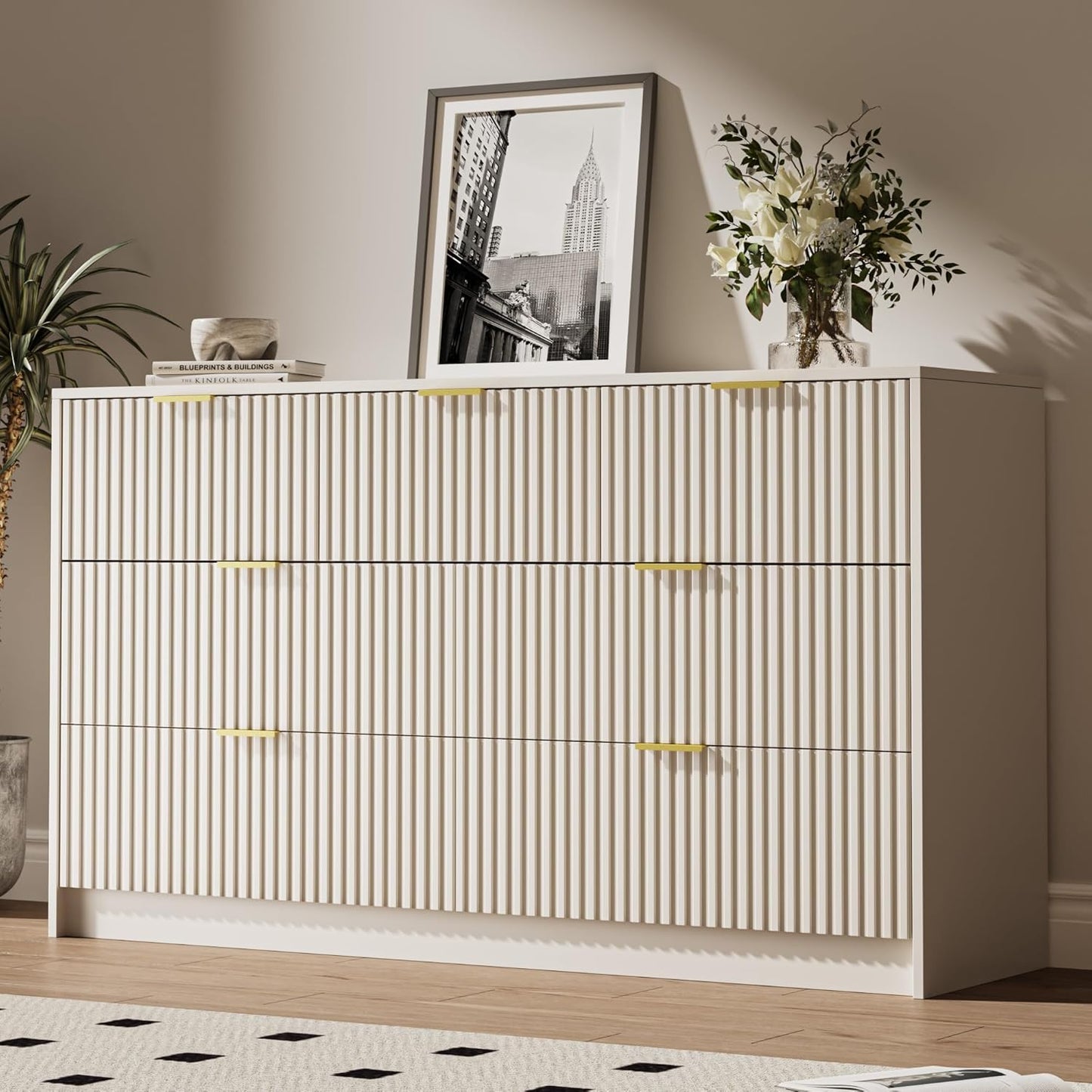 Beige 7 Drawer Dresser with Gold Handles for Modern Spaces
