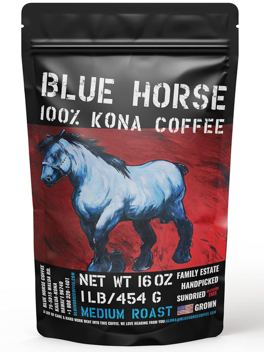 Blue Horse 100% Kona Coffee - Medium Roast - Fresh from Hawaii - 1lb Bag