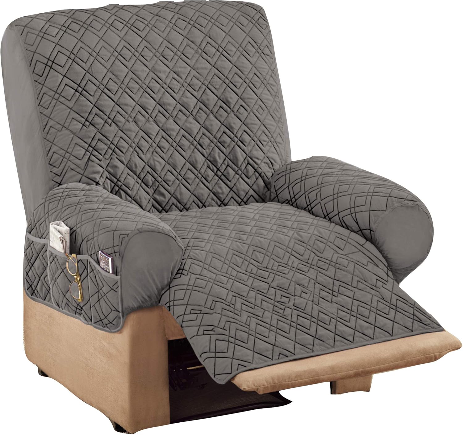 Diamond-Shape Quilted Stretch Recliner Cover with Storage Pockets