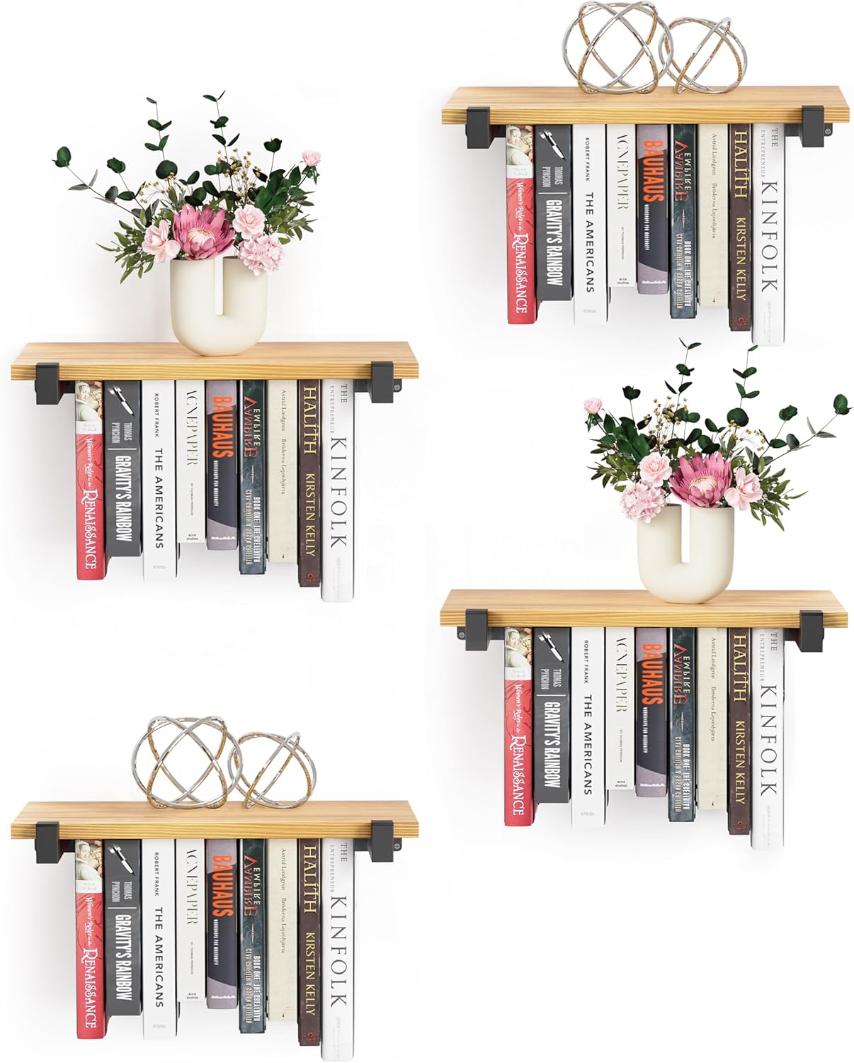 4 Set of Floating Bookshelf, Pine Wood Invisible Wall Bookcase