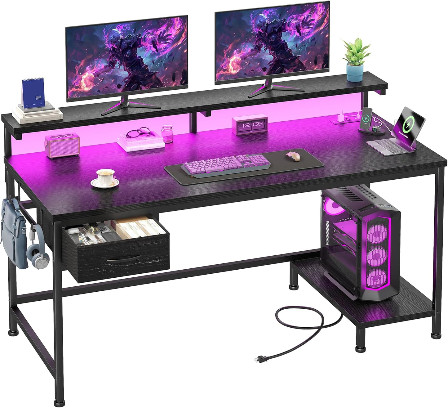 39.3-Inch Gaming Desk with Power Outlet and LED Lights for Home