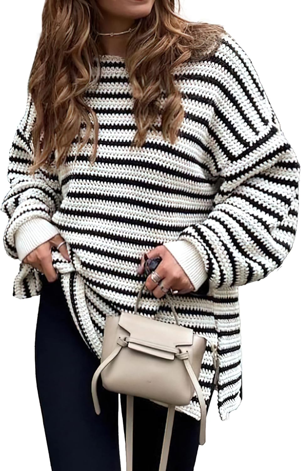 KIRUNDO Women's Oversized Long Sleeve Striped Sweater for Fall