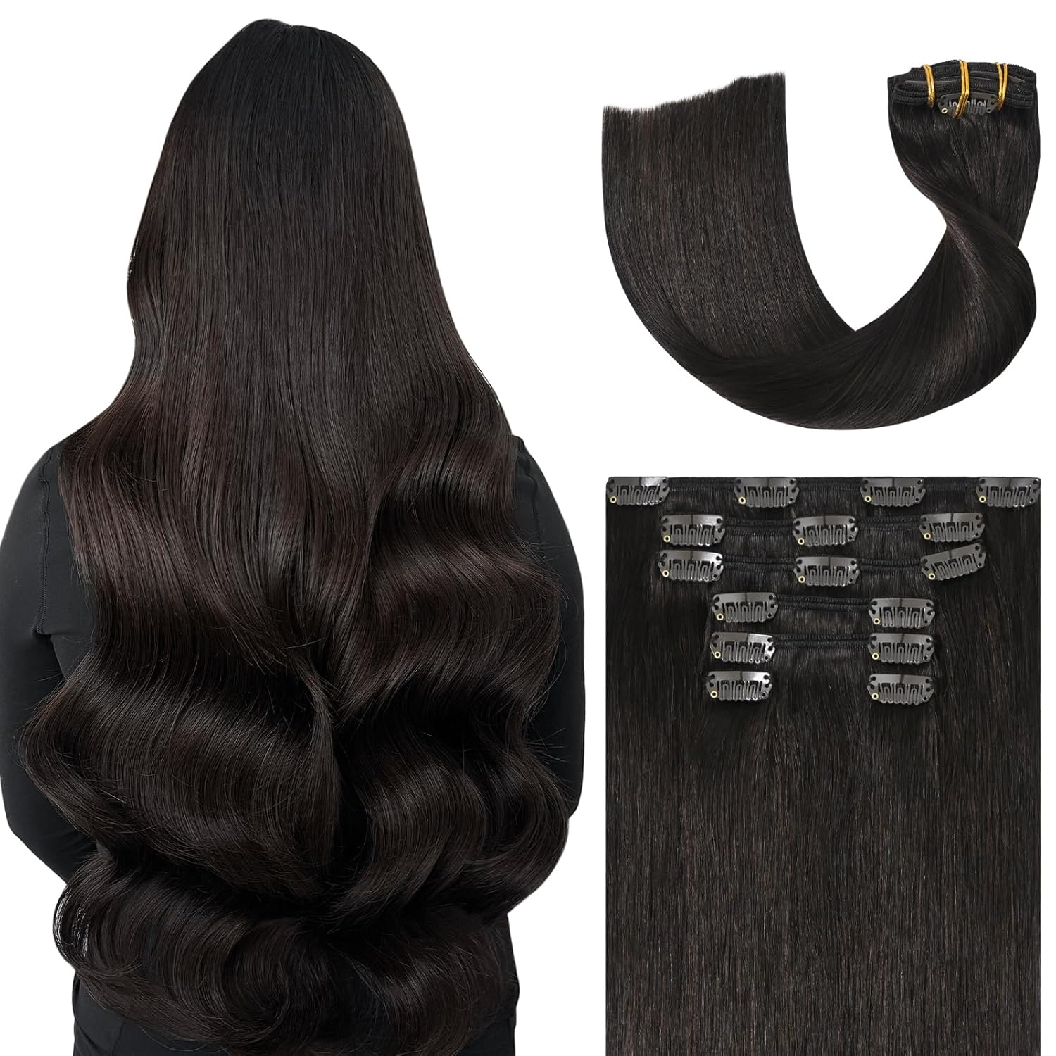 Dark Brown Clip in Hair Extensions Real Human Hair 15 Inch