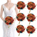 Set of 6 Bridesmaids Bouquets - Dark Teal & Terracotta Silk Roses, 7
