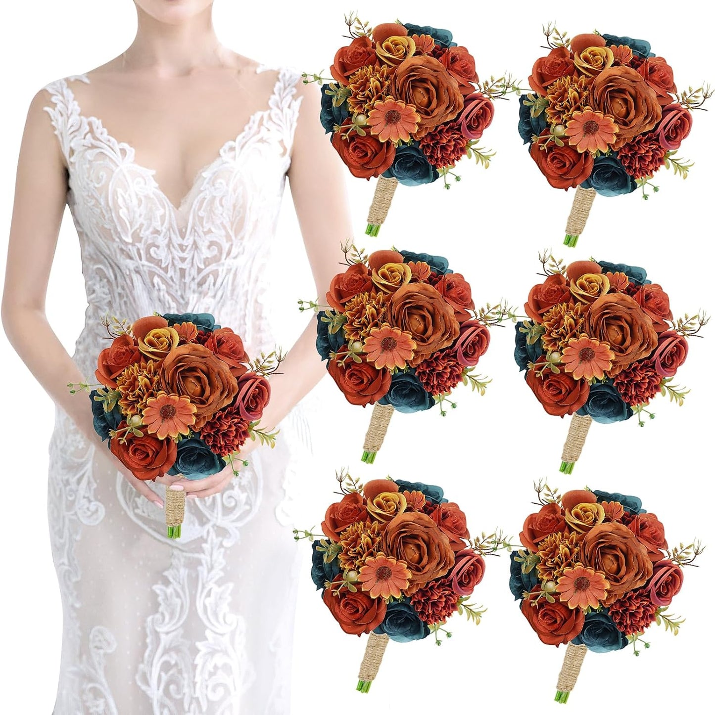 Set of 6 Bridesmaids Bouquets for Wedding - Silk Rose Floral Decor