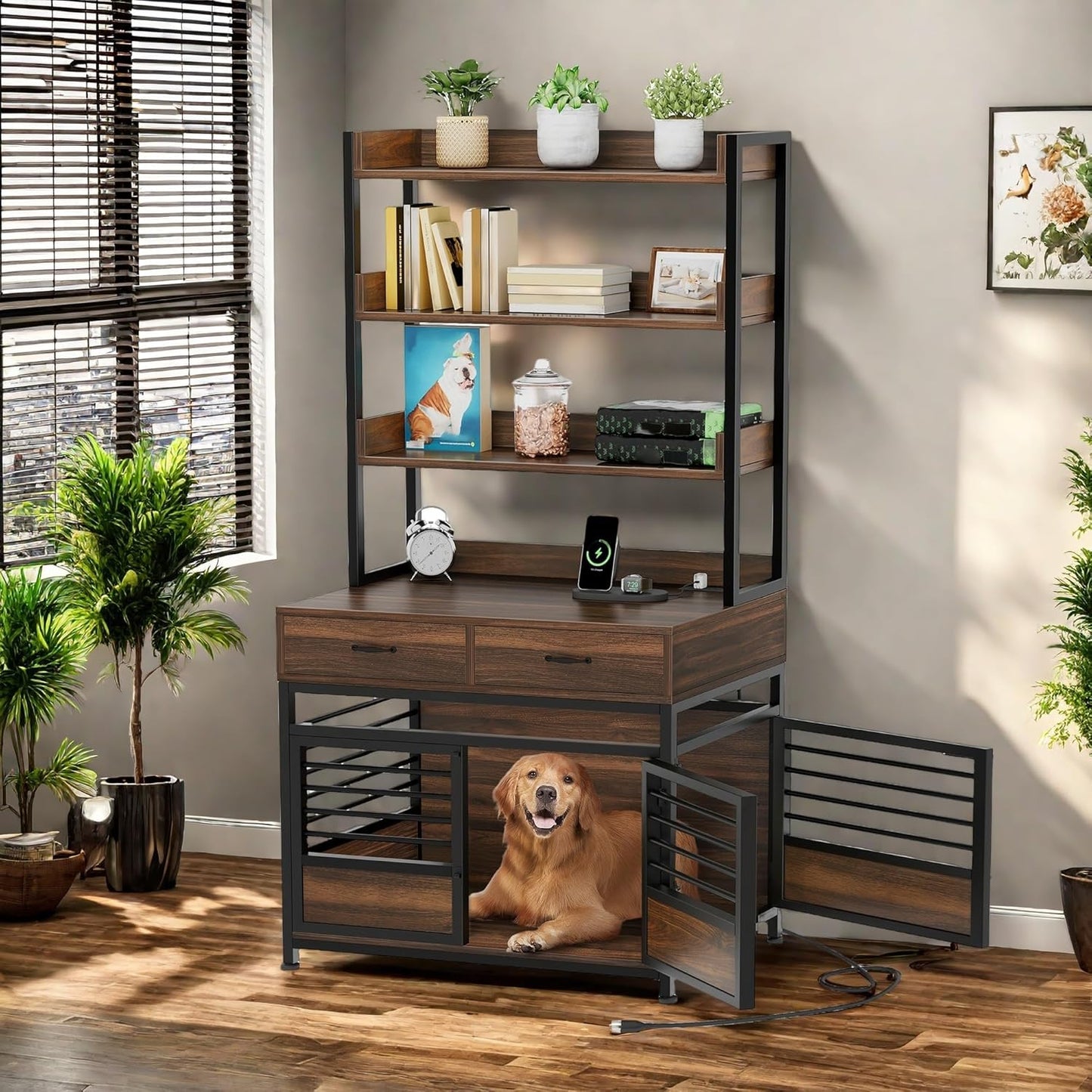 Rustic Brown Dog Crate with Storage & Power Outlets