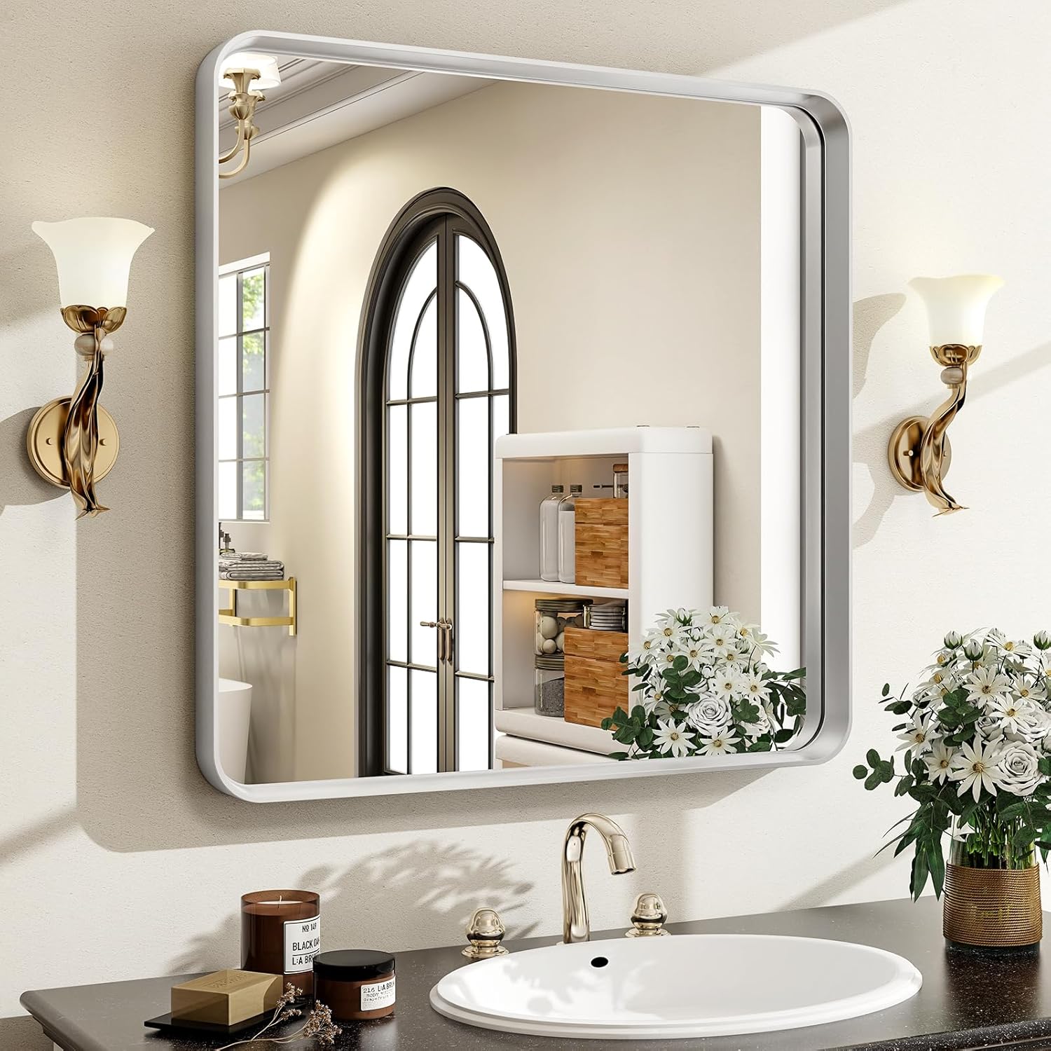 30x30 Silver Bathroom Mirror - Modern Aluminum Framed Design