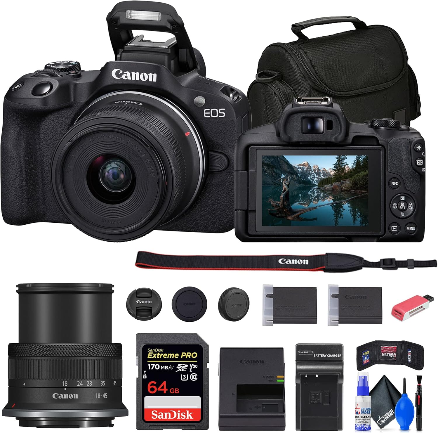 Canon EOS R50 Mirrorless Camera with 18-45mm Lens and Accessories