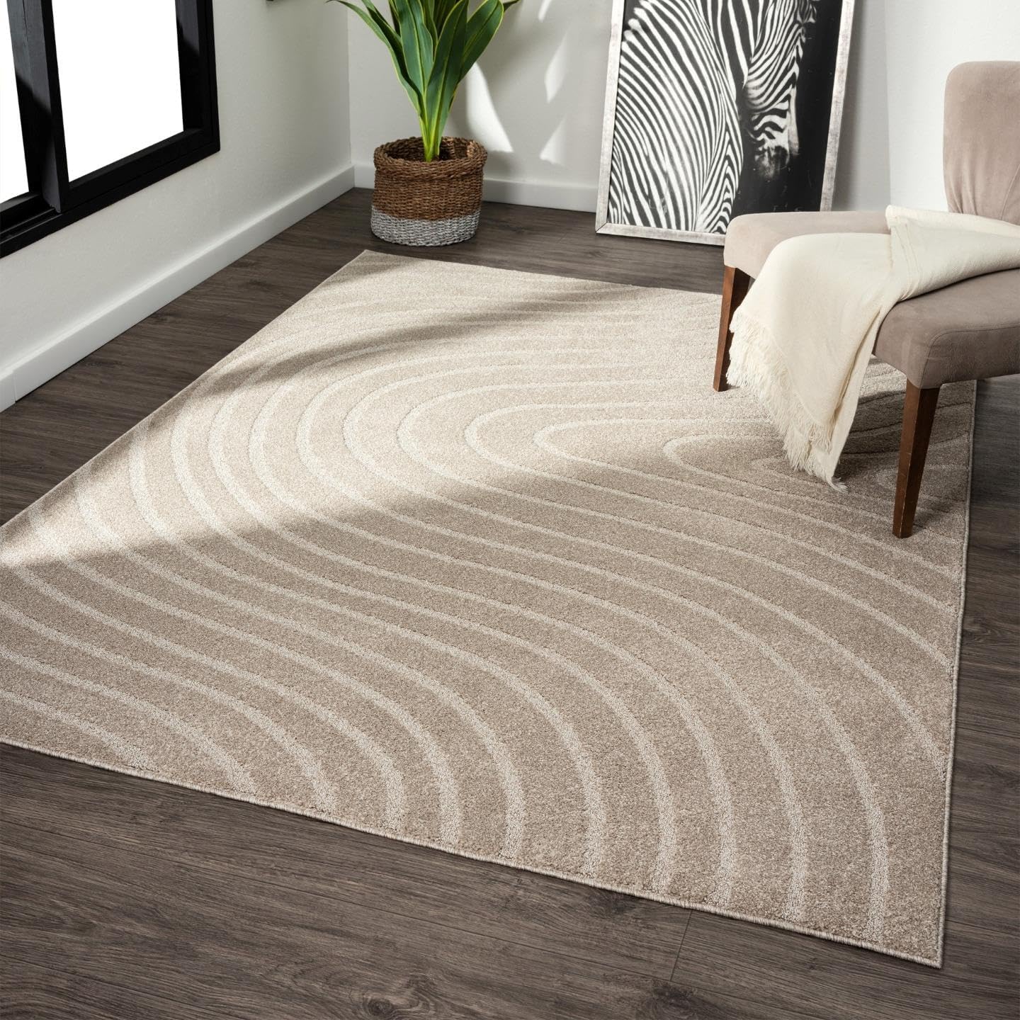 Modern Geometric Wave Beige 5x7 Area Rug for Stylish Homes
