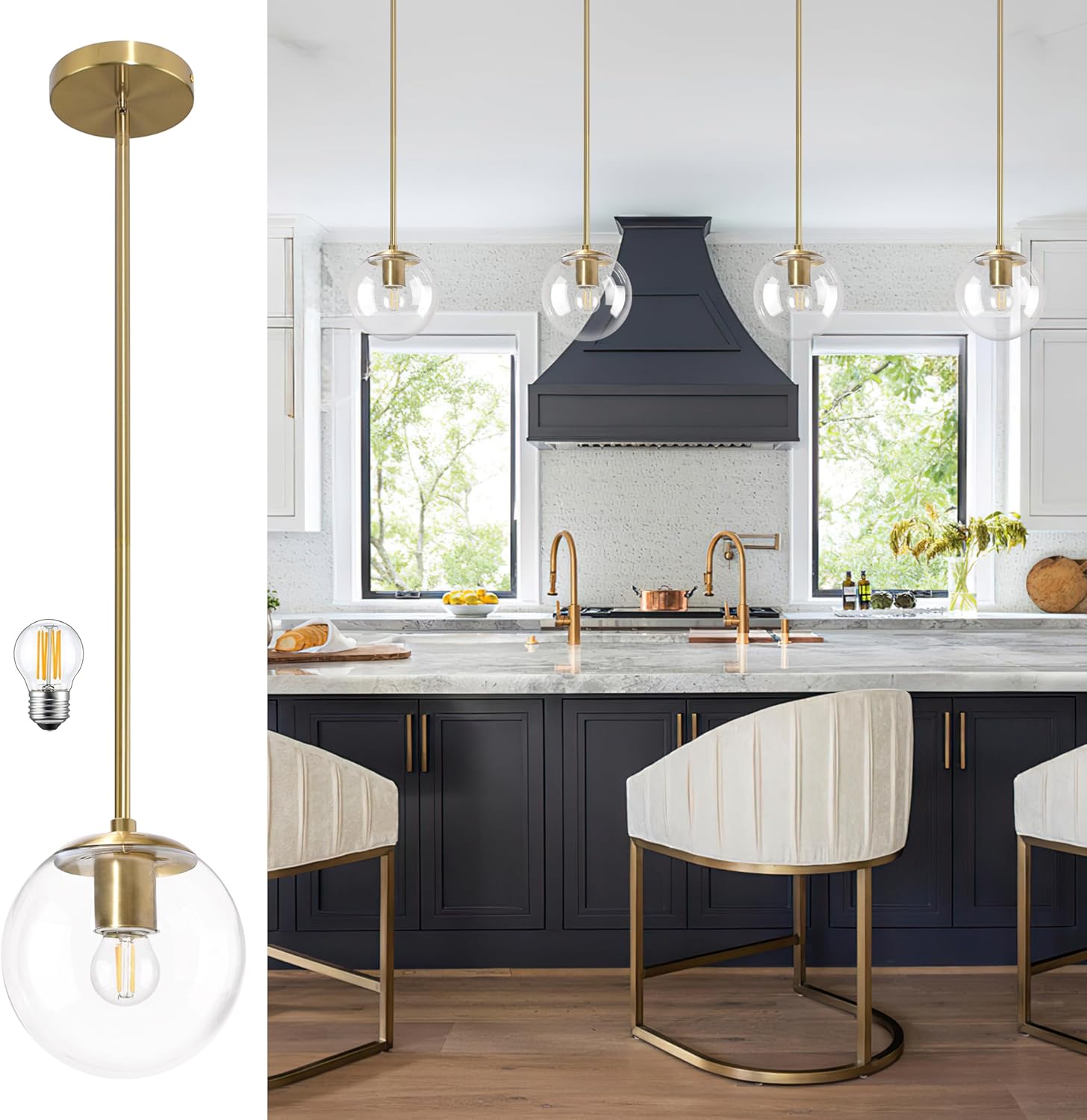 6 Inch Globe Pendant Light for Kitchen Island with Brass Finish
