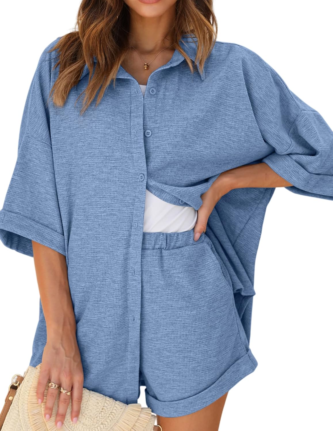 Ekouaer Waffle Knit Lounge Sets for Women - Cozy Pajama Set