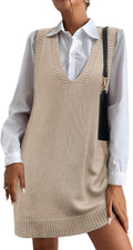 Women's Oversized V Neck Sweater Vest Tunic with Pockets - Cozy