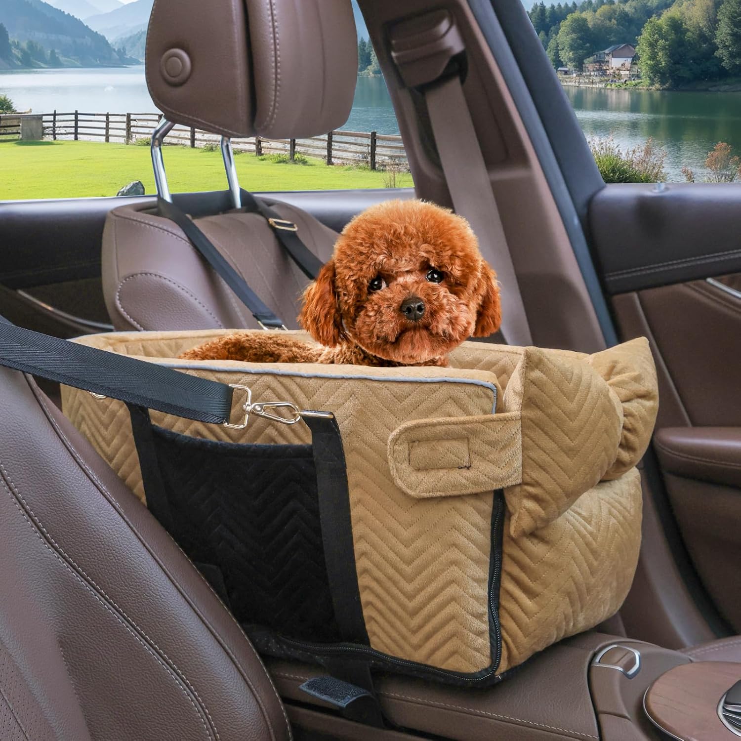 Portable Center Console Dog Car Seat for Small Dogs Under 15 lbs