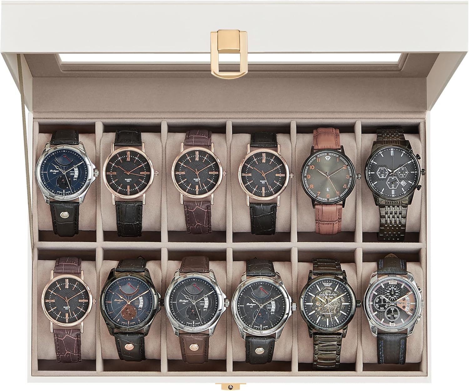 12-Slot Watch Box Organizer with Glass Lid for Watch Lovers