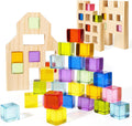 Wooden Building Blocks Set for Kids - 36 Rainbow Gem Cubes, Montessori