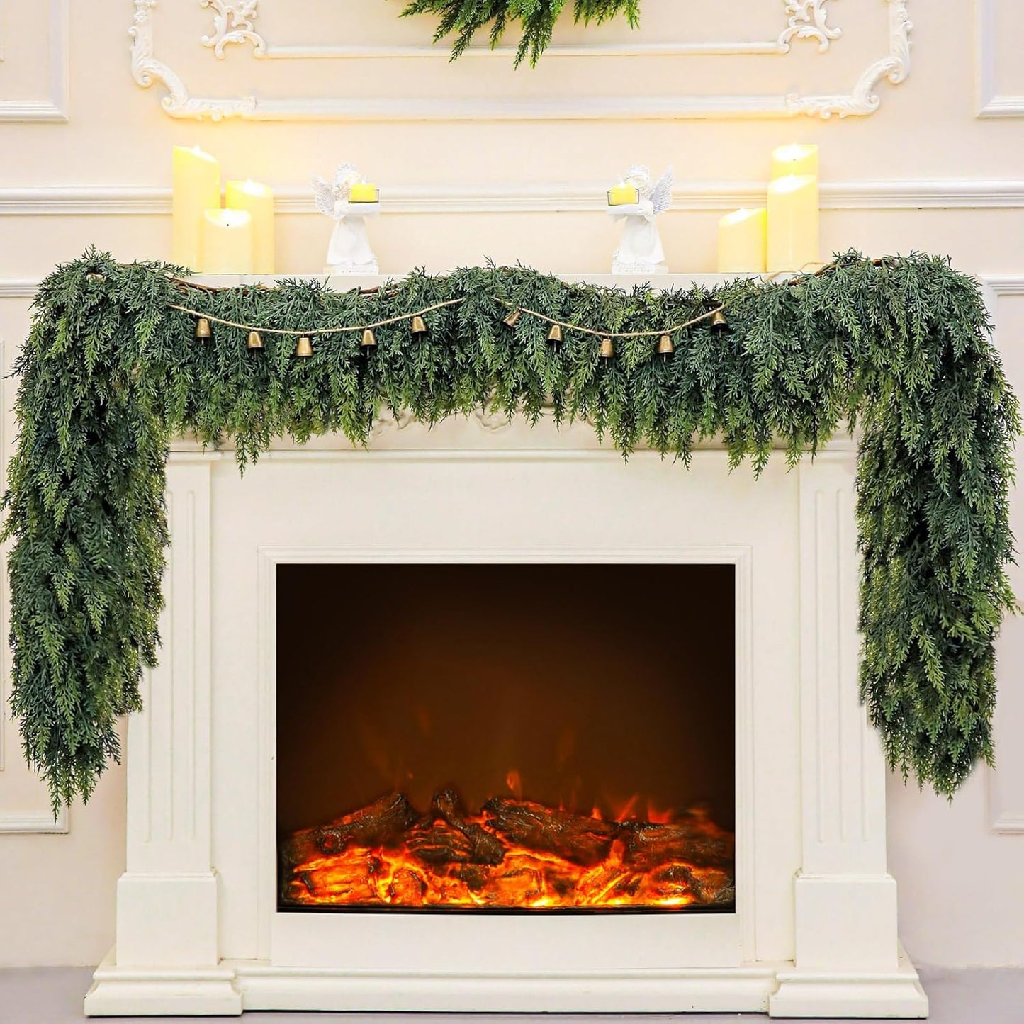 9Ft Real Touch Christmas Cedar Garland with Vintage Bells Decor