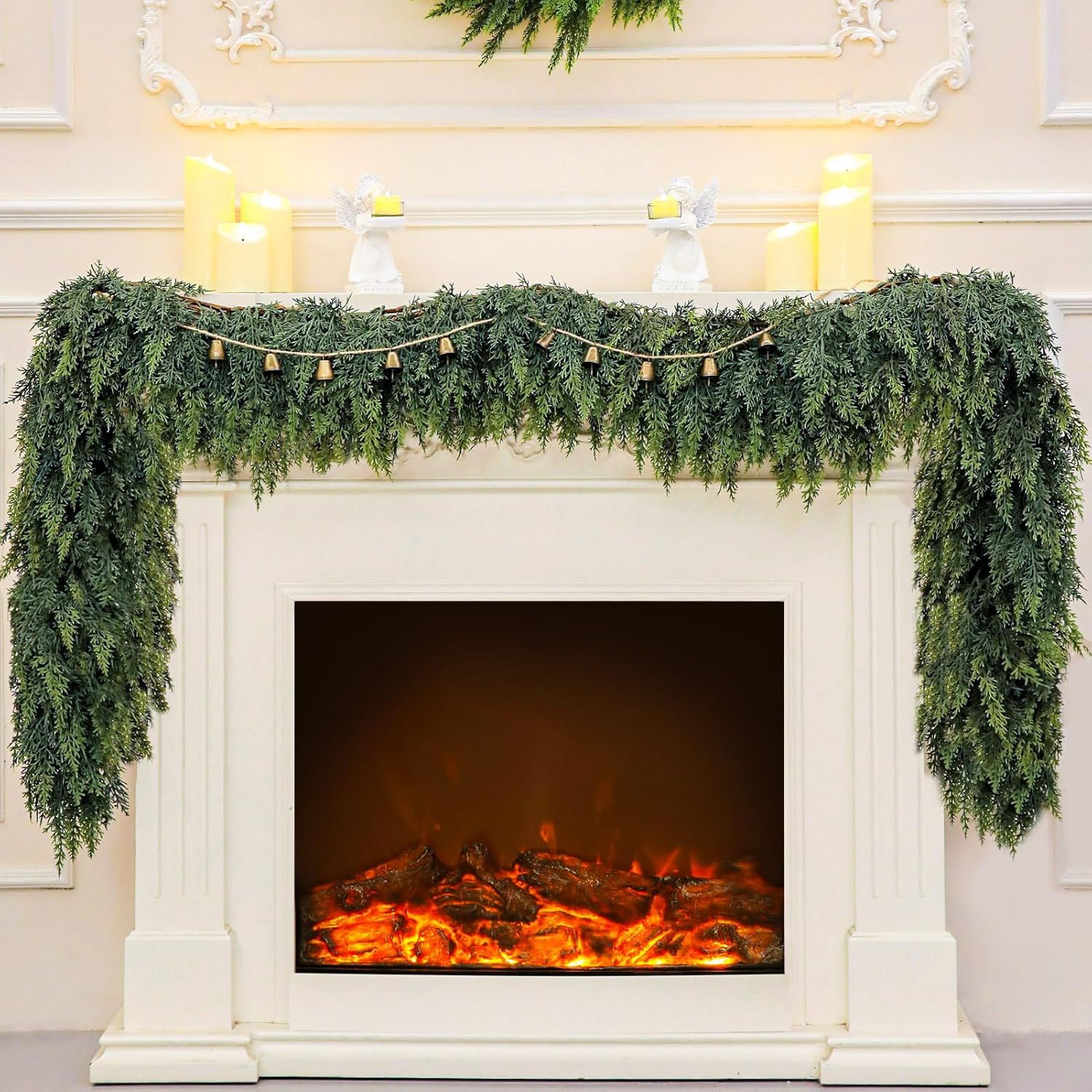 9Ft Real Touch Christmas Cedar Garland with Vintage Bells Decor