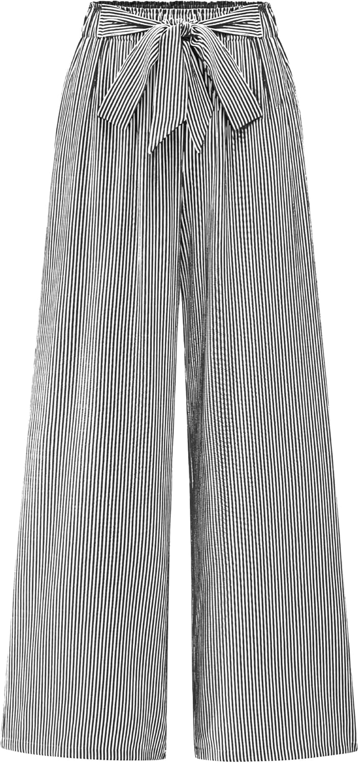 BTFBM Palazzo Pants for Women - Flowy Tie Knot Wide Leg Trousers
