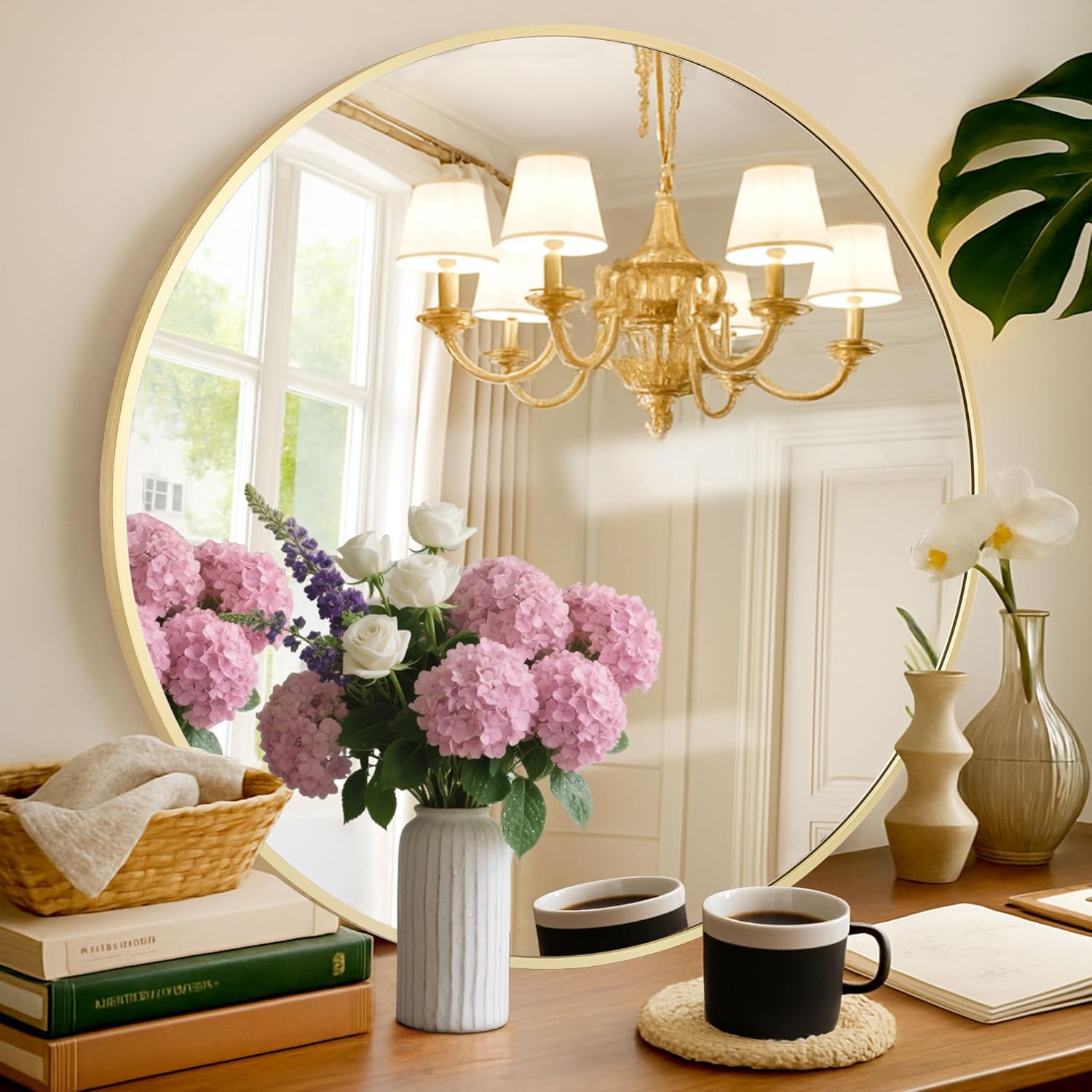 Round Mirrors for Wall Decor - 28 Inch Gold Bathroom Mirror