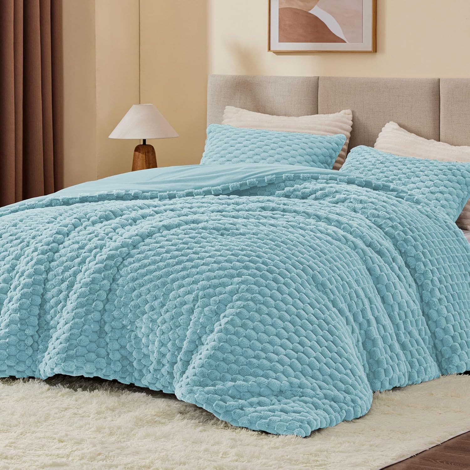 Fluffy King Size Comforter Set - Dusty Blue Fleece Luxury Bedding