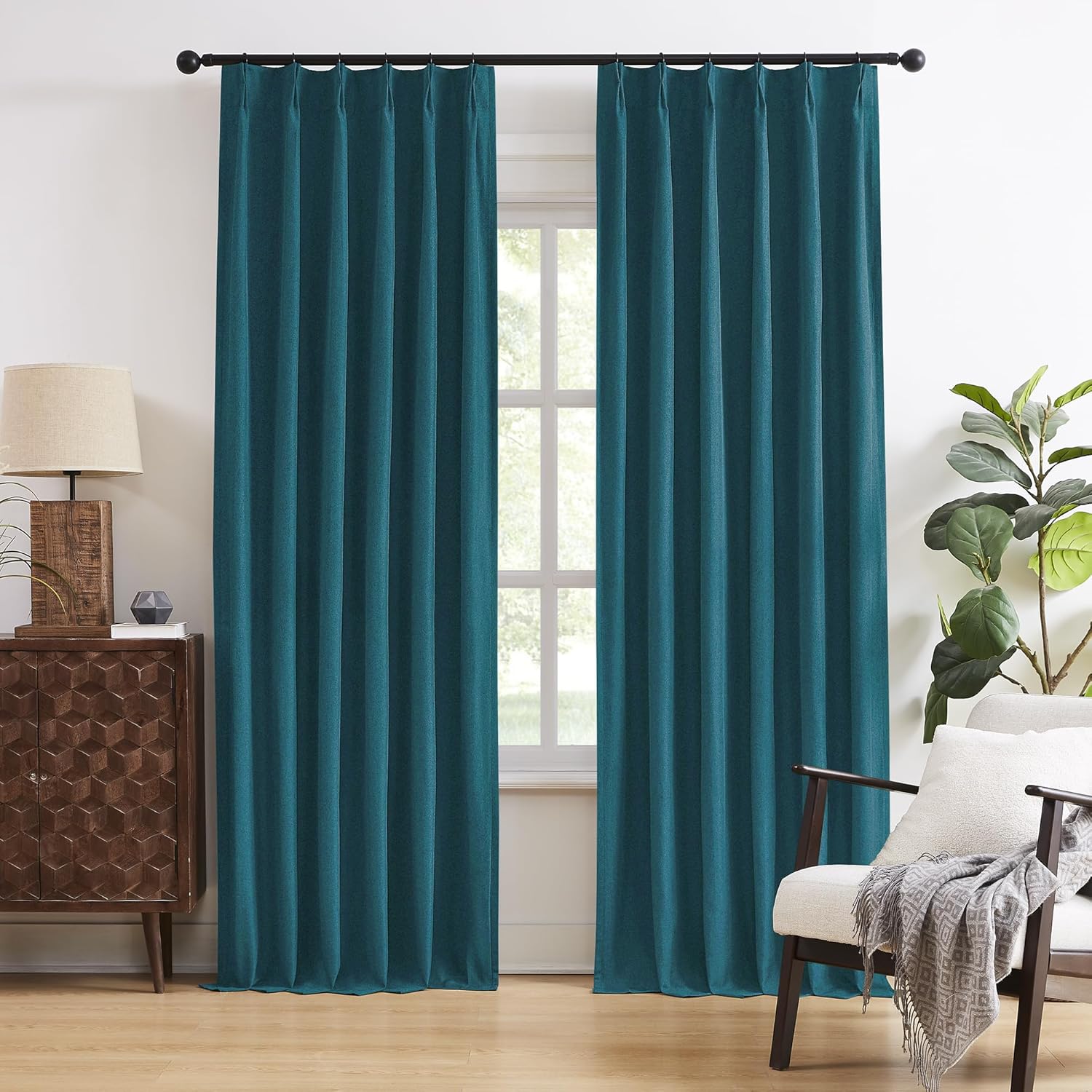DUALIFE Dark Teal Blue Pinch Pleated Blackout Curtains 63 in