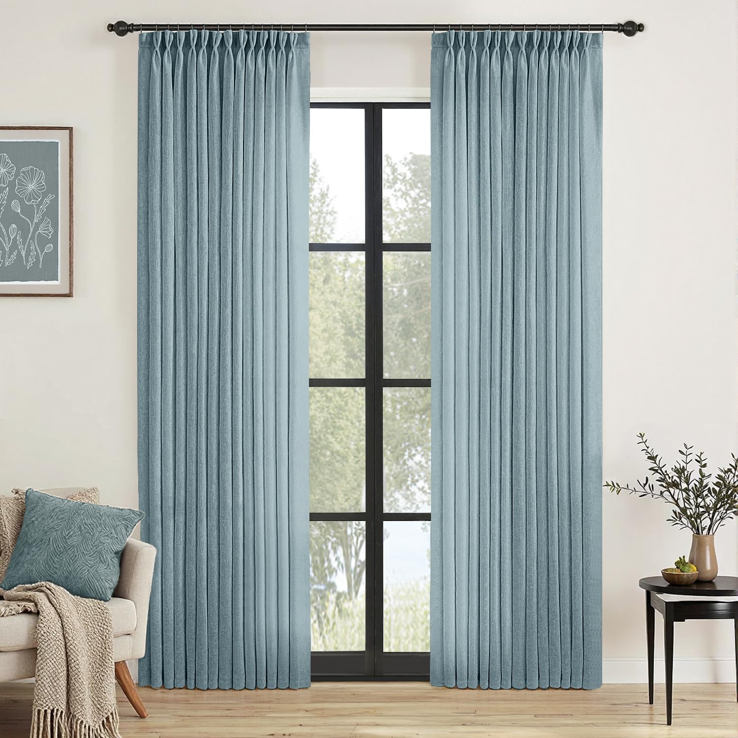 MIULEE Pinch Pleated Stone Blue Linen Curtains for Elegant Decor