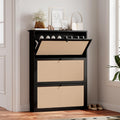 Narrow Shoe Storage Cabinet Black with Linen Panel - Slim 3-Drawer