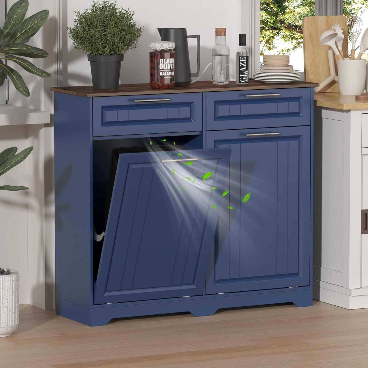 Double 10 Gallon Tilt Out Trash Can Cabinet with Deodorizing Function