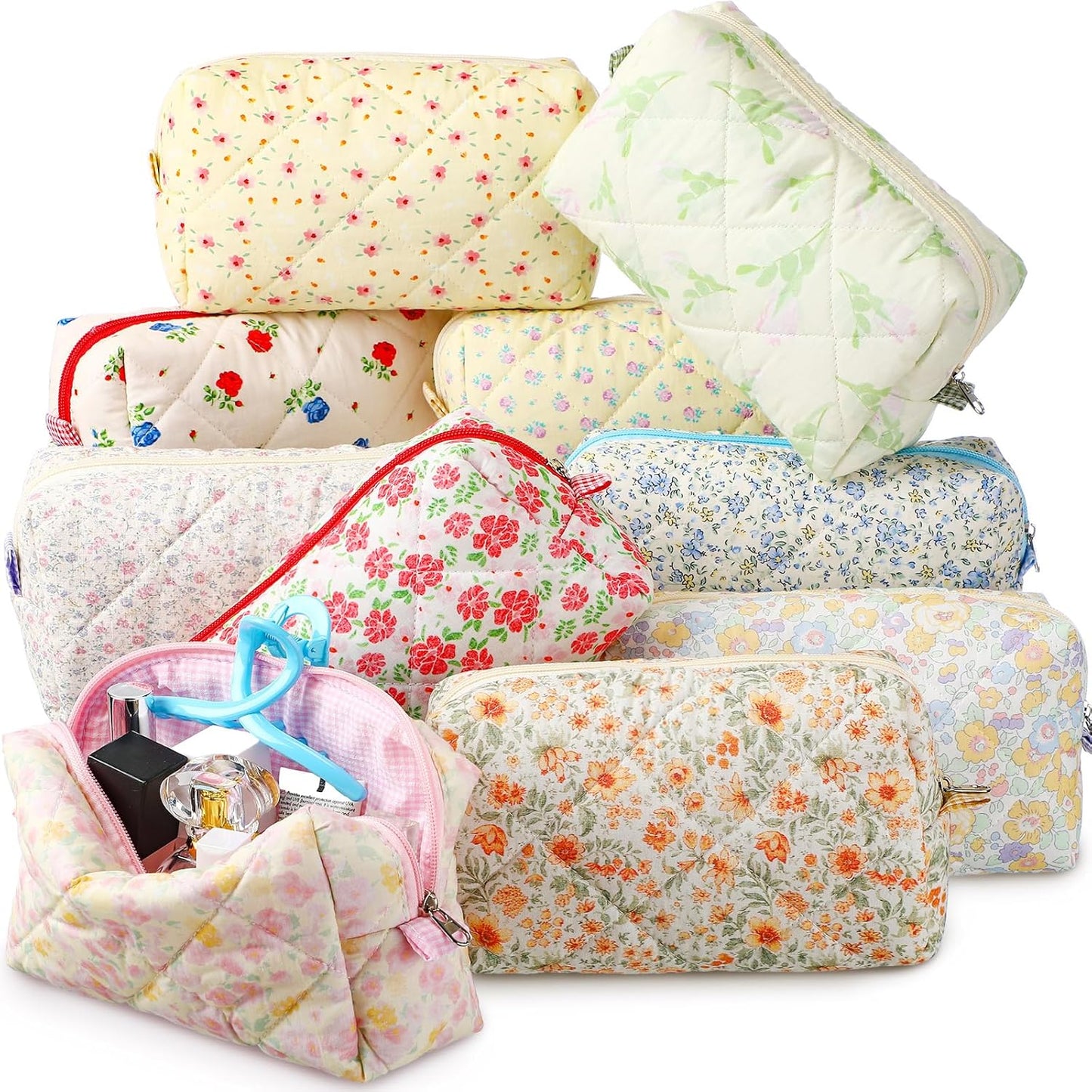 Paterr 10 Pcs Cotton Quilted Makeup Bag Set for Stylish Women