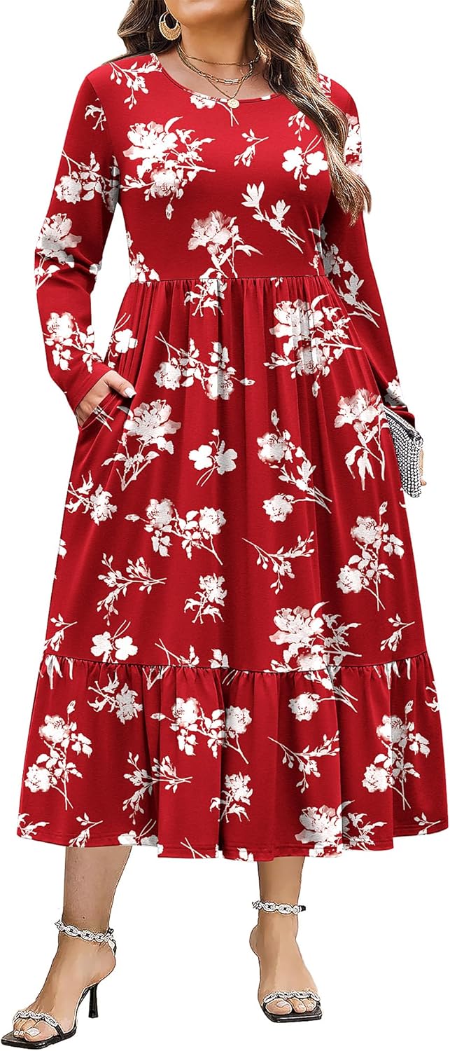 Plus Size Long Sleeve Maxi Dress with Pockets for Women