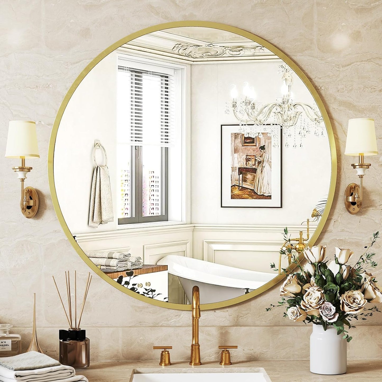 Sweetcrispy 24 Inch Round Wall Mirror for Bathroom and Entryway