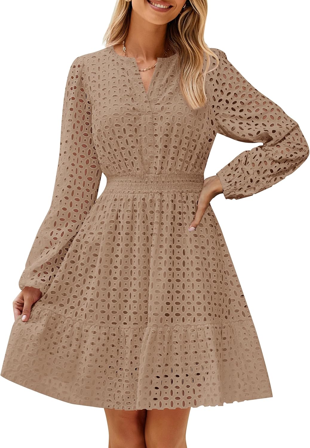 ZESICA Women's Long Sleeve Mini Dress with Eyelet Embroidery