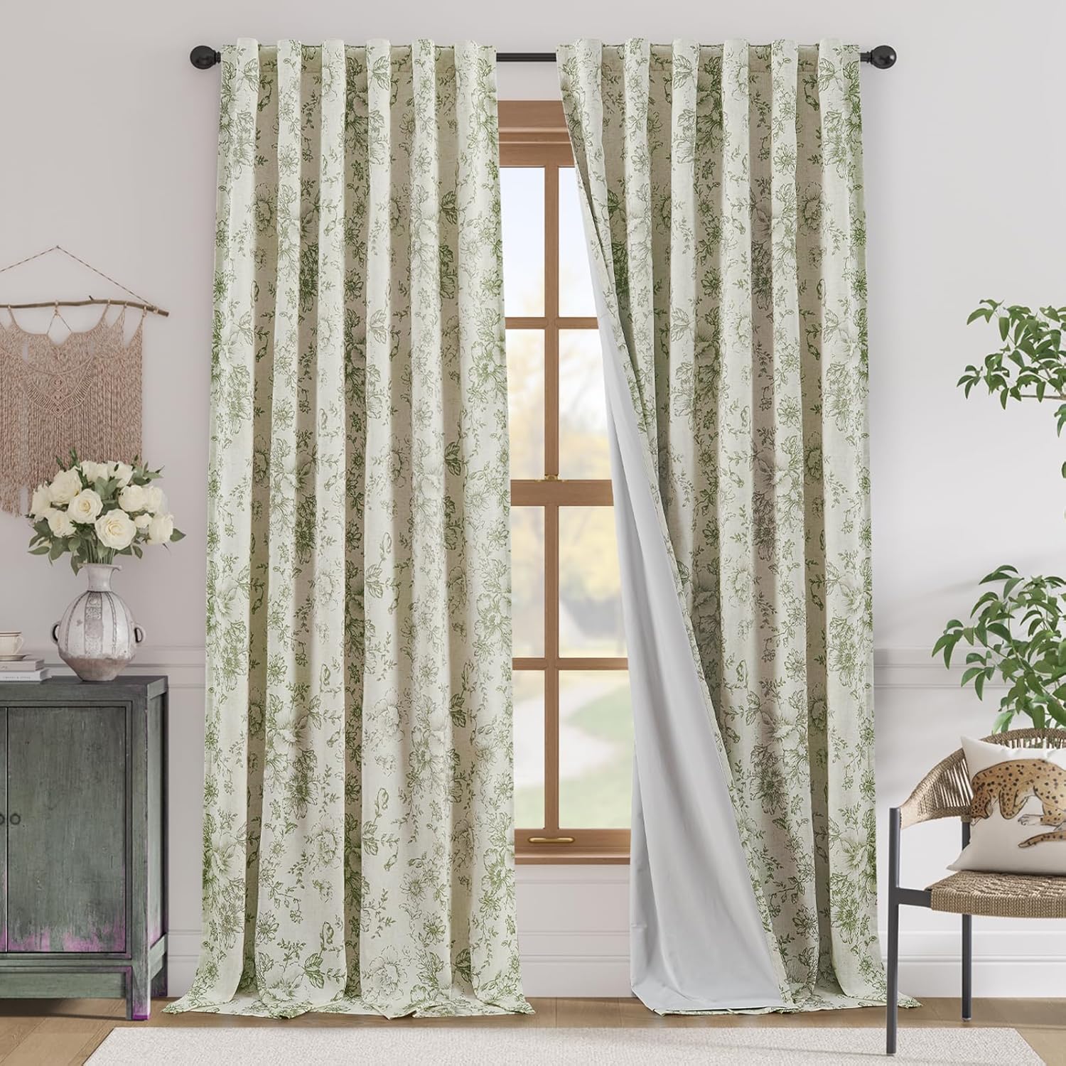 Floral Linen Blend Blackout Curtains for Living Room 96 Inch