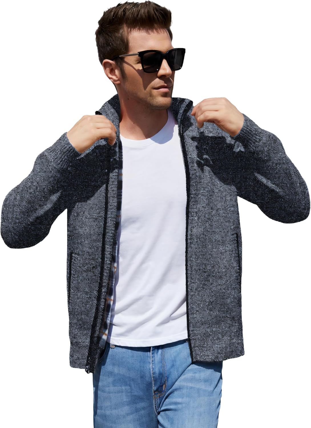 Yeokou Men's Casual Slim Full Zip Thick Knitted Cardigan Sweater