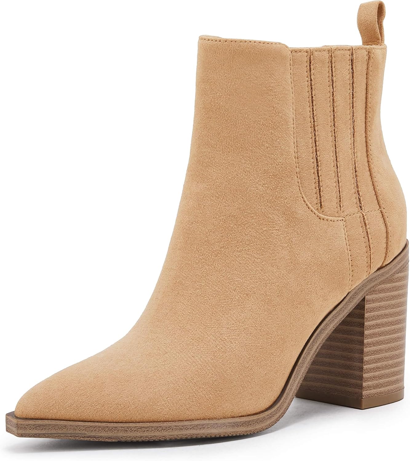 Womens Ankle Boots Slip on Pointed Toe Chunky Block Mid Heel