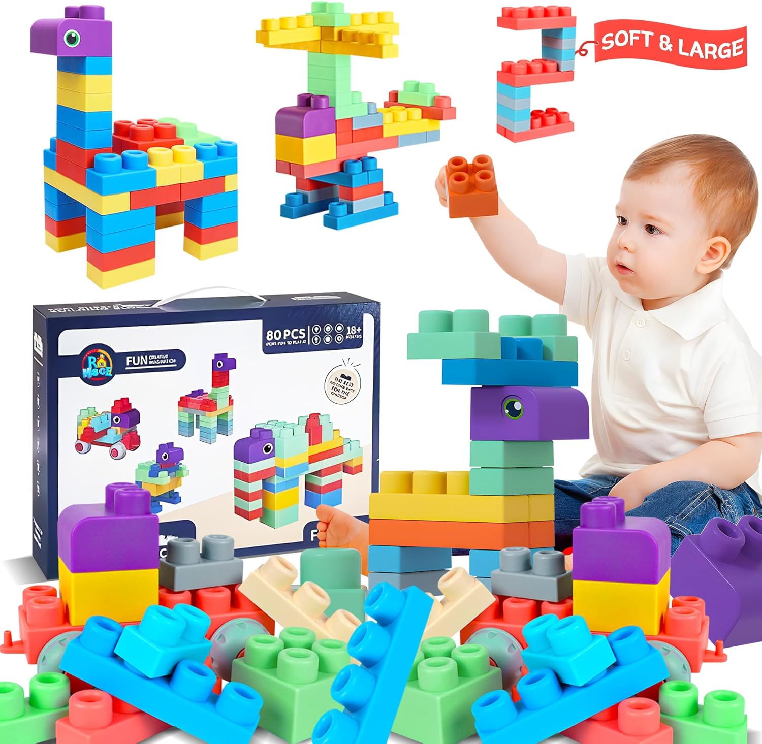 Baby Soft Blocks Set for Toddlers - 80PCS Safe Building Toys