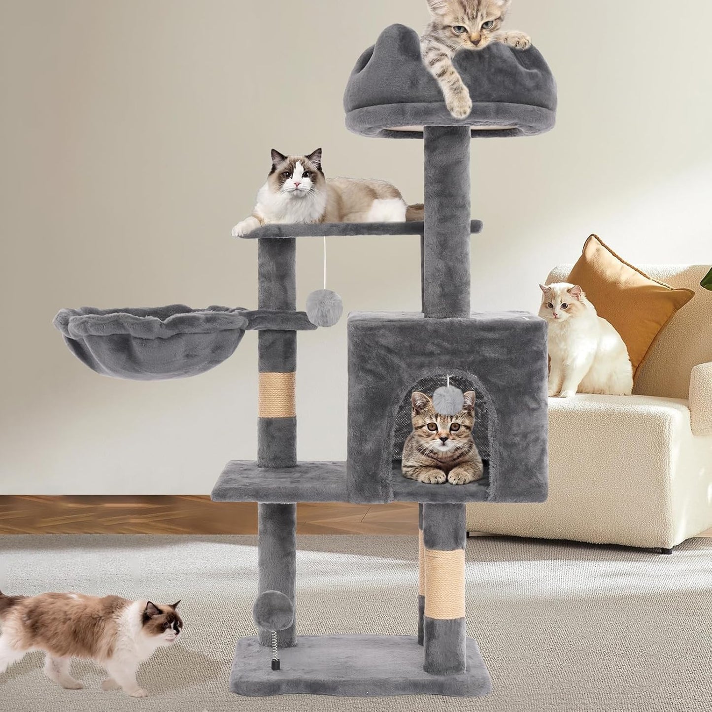 Cat Tree Tower with Metal Frame Hammock for Large Cats