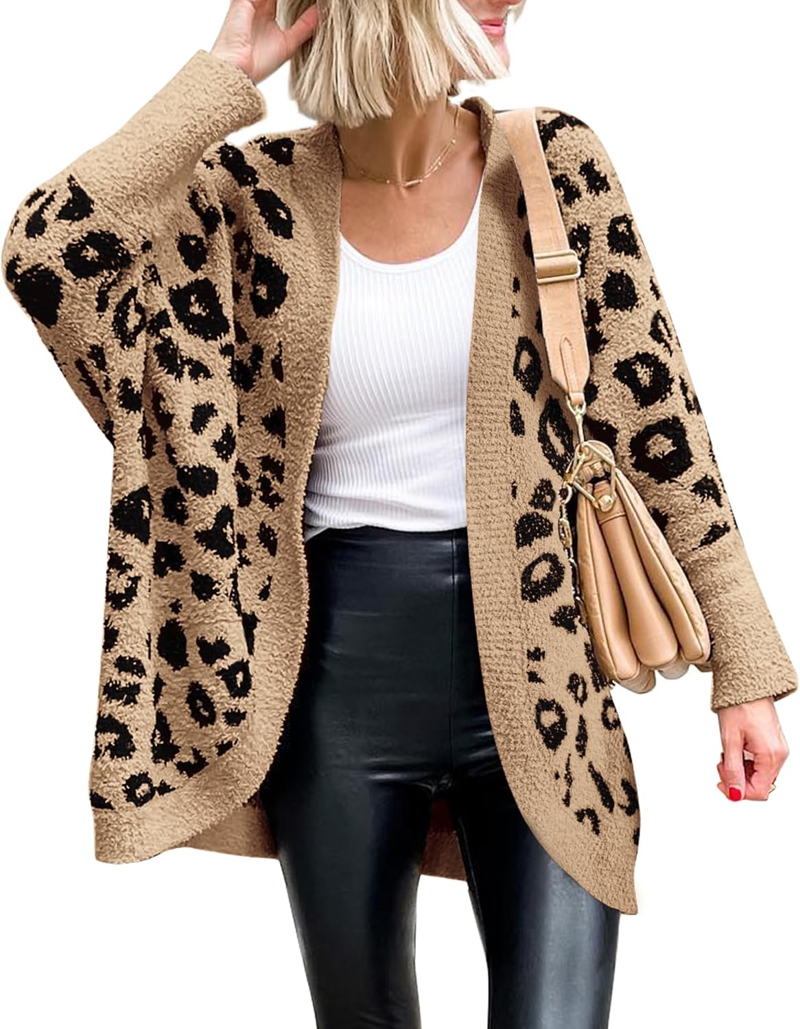 BTFBM Leopard Cardigan for Women - Cozy Open Front Sweater