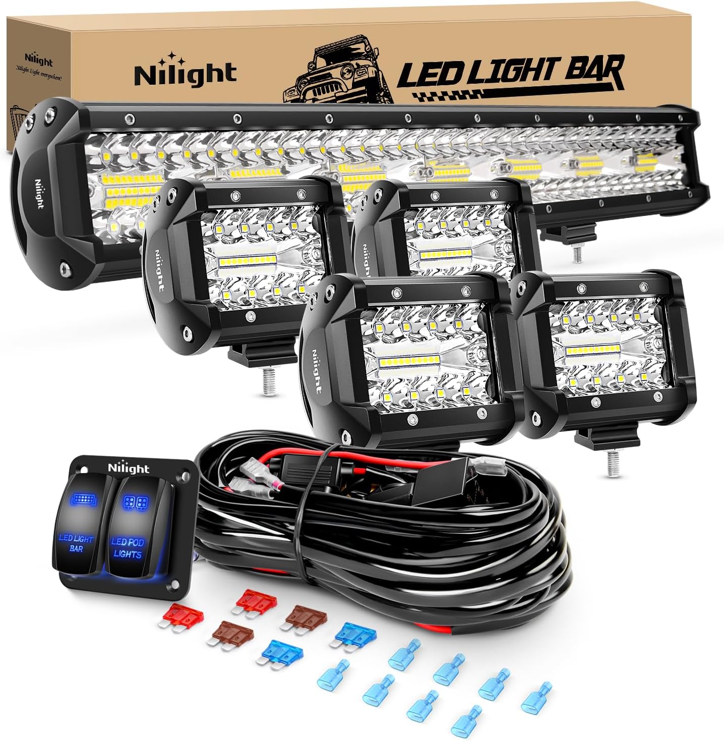 Nilight 20Inch 420W LED Light Bar and Cube Pods for Vehicles