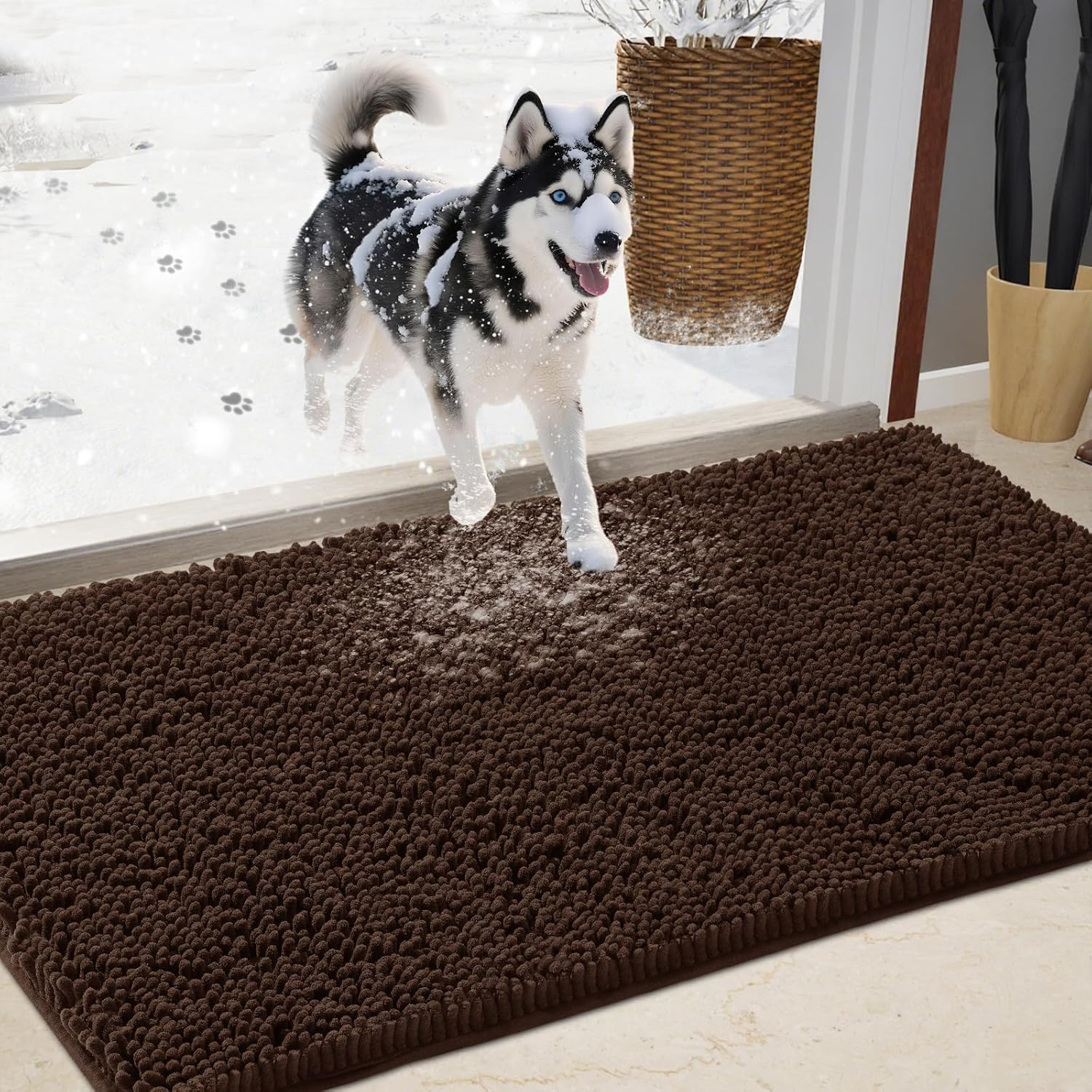 Chenille Absorbent Outdoor Doormat for Muddy Paws and Shoes