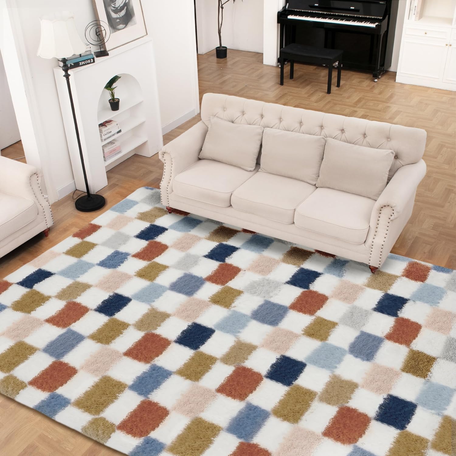 Super Soft Rug for Bedroom, 8x10 Ft Checkered Shaggy Carpet