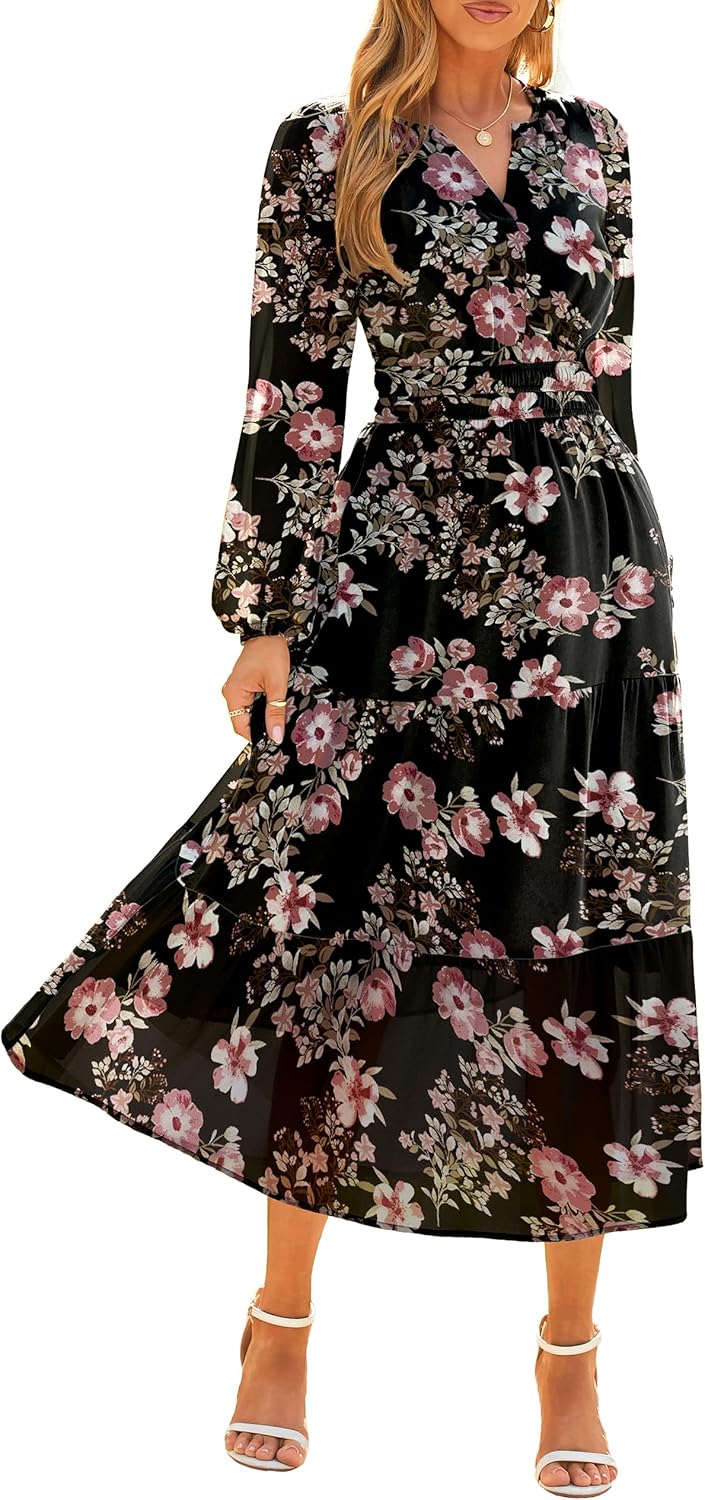 Simplee Women's Floral Boho Long Sleeve Maxi Dress for Weddings