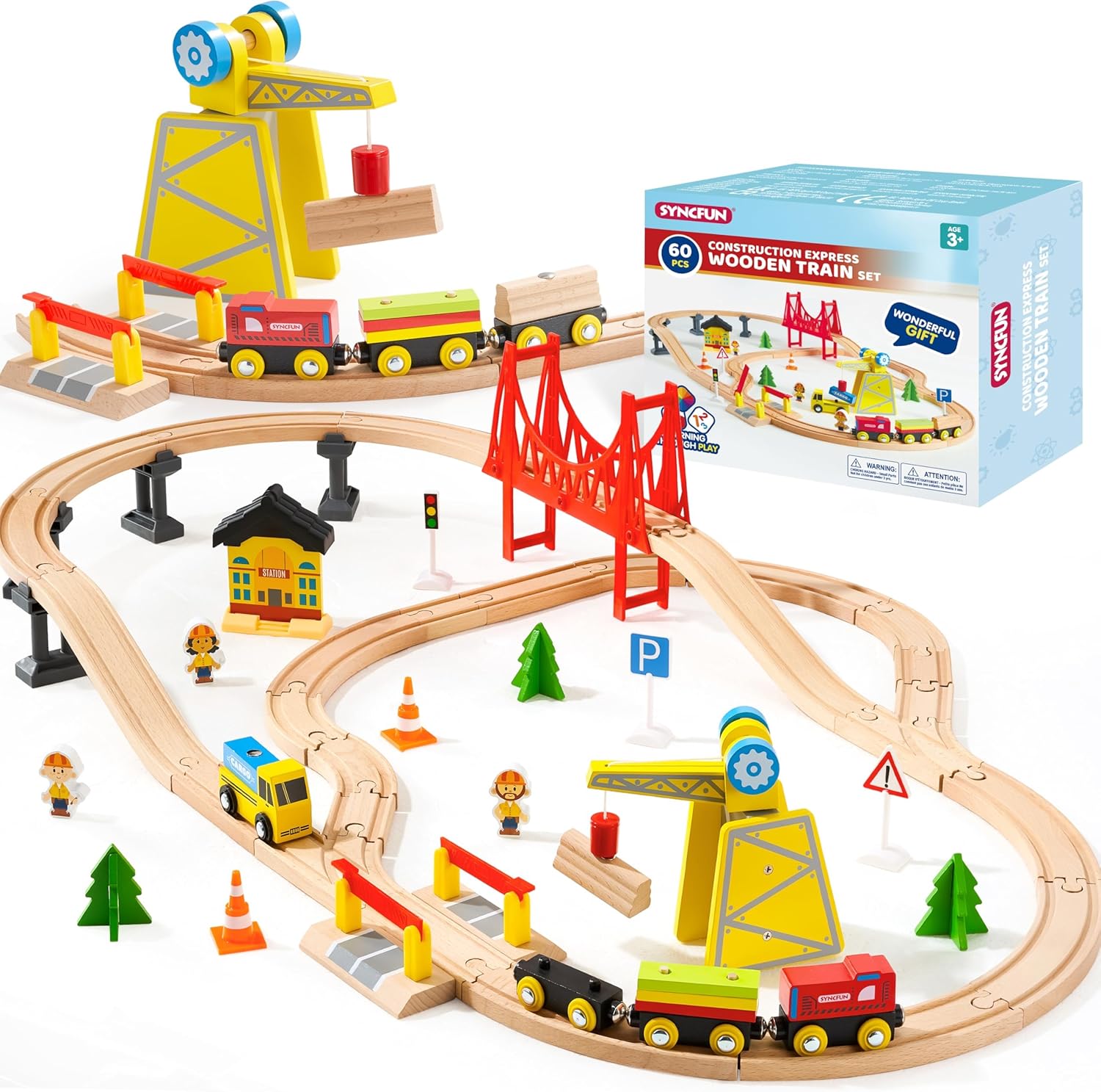 60PCS Wooden Train Set with Magnetic Crane for Kids Ages 2-8